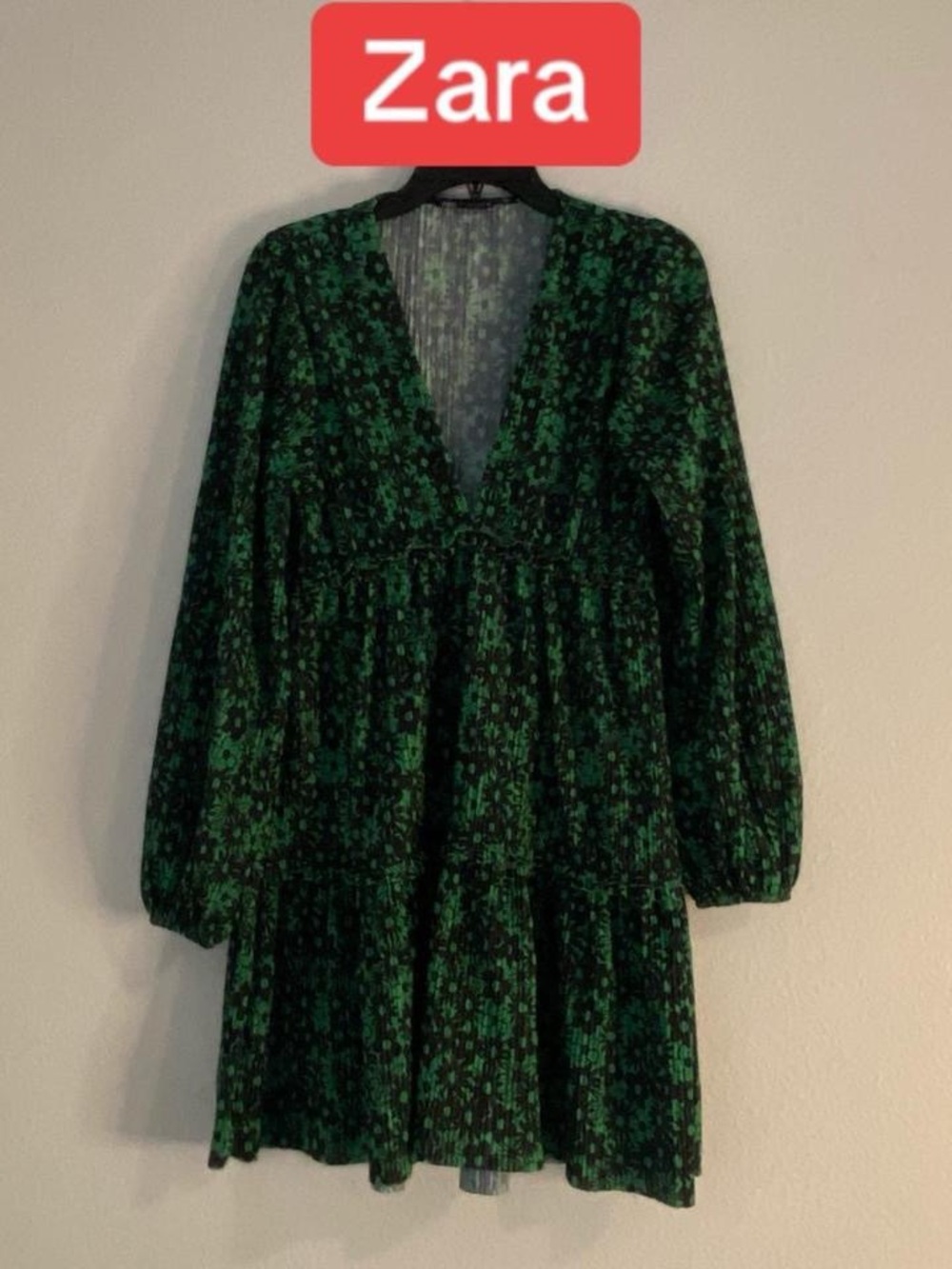 Zara Green Floral Long-Sleeve Tiered Dress